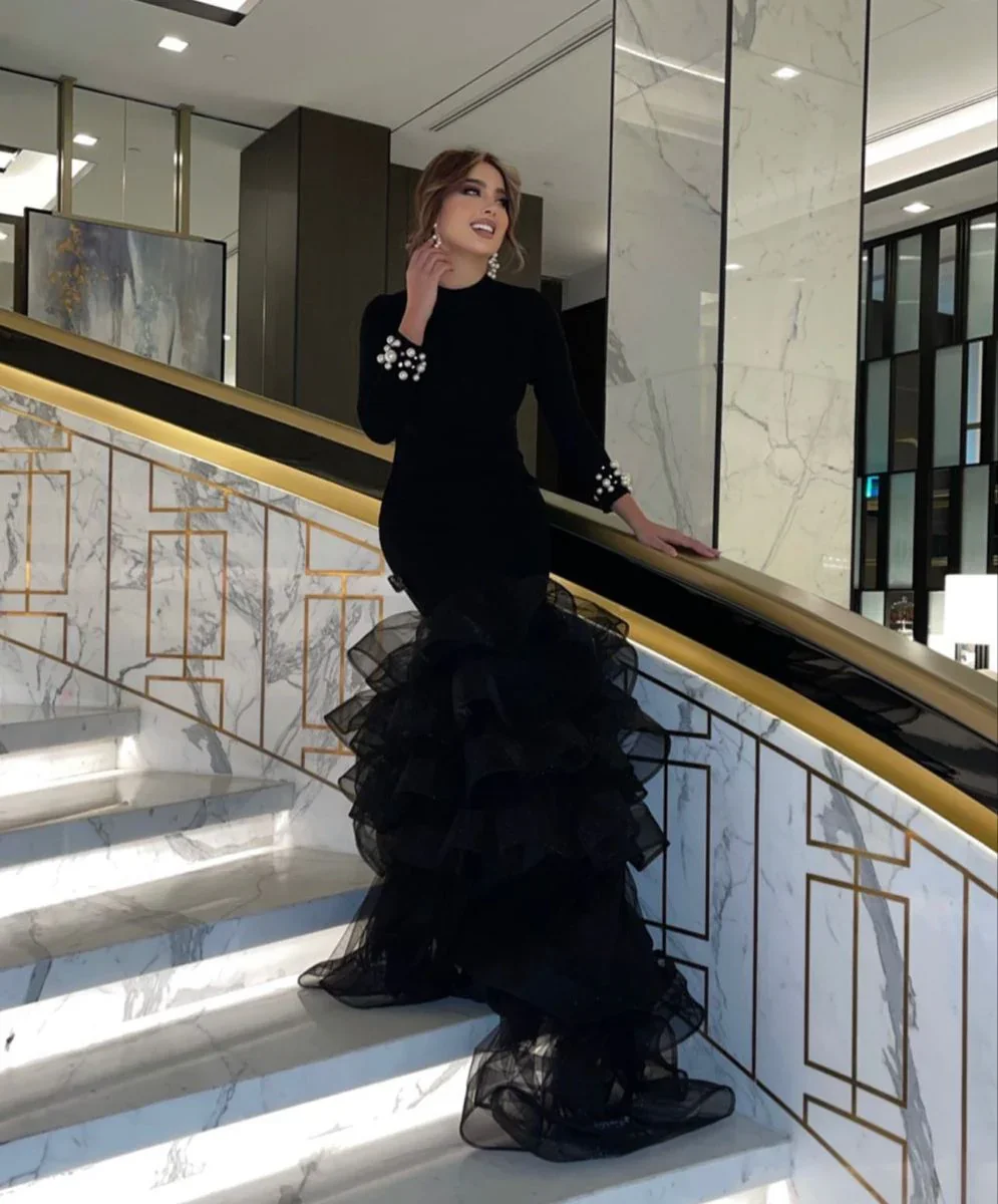 Black Evening Dress Puffy Skirt Long Sleeve Satin Mermaid Dubai Formal Evening Party Gowns Y4908 - Image 2