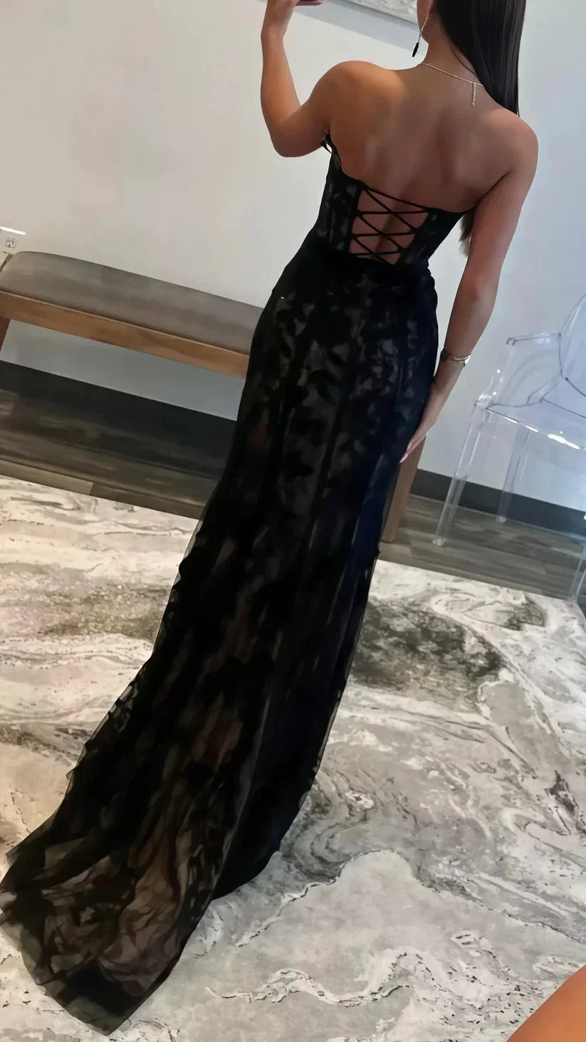 Black Evening Dress Sexy Strapless Sweetheart Lace Slit Mermaid Prom Dress Y8017 - Image 3