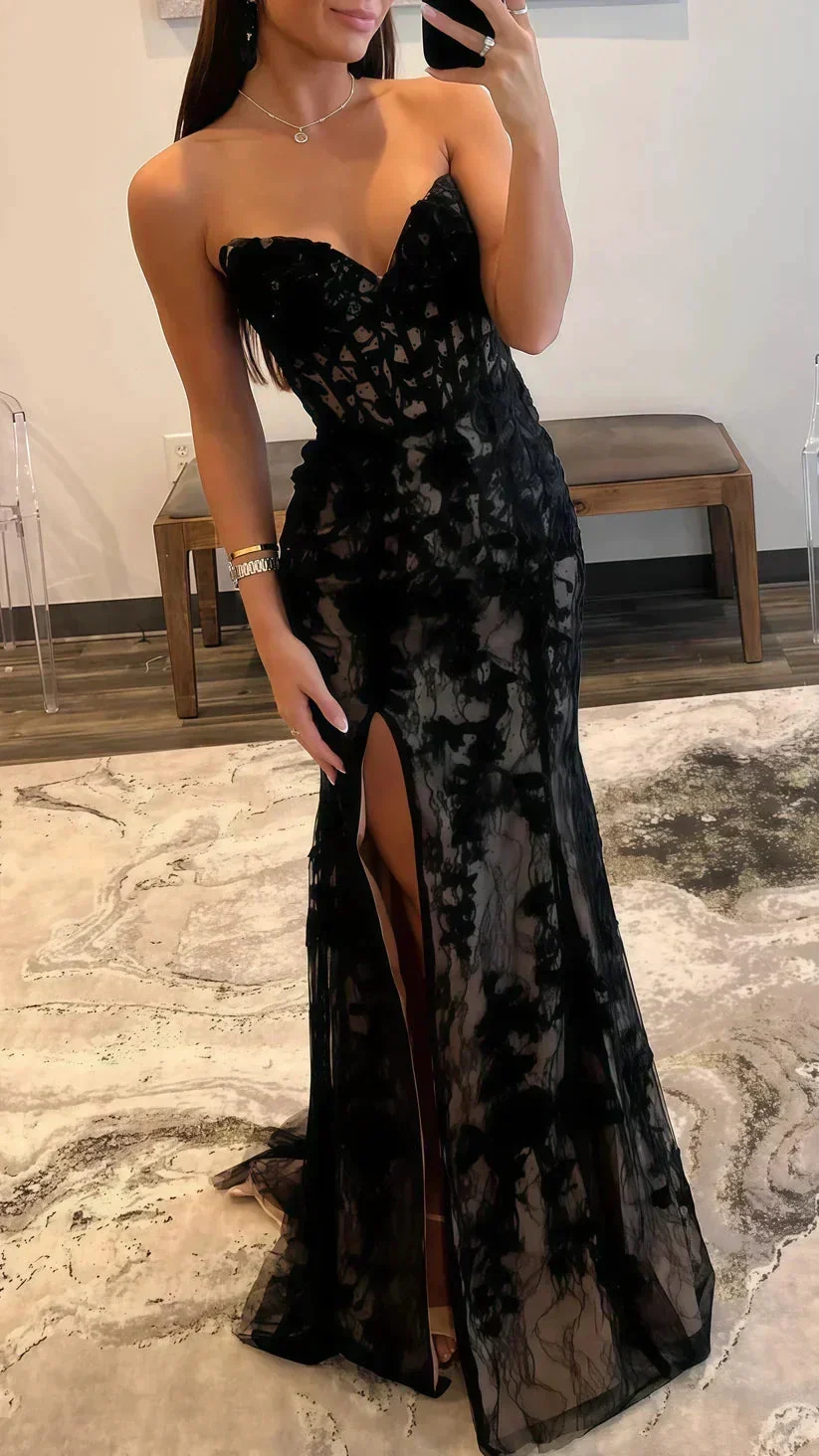 Black Evening Dress Sexy Strapless Sweetheart Lace Slit Mermaid Prom Dress Y8017 - Image 4