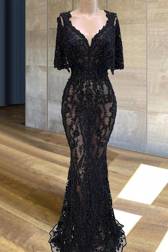 black evening dresses beaded evening dress modest evening dresses lace applique evening dresses Y1144 - Image 2