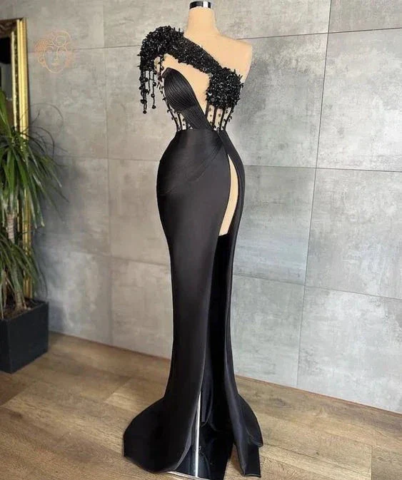 Black Evening Dresses One Shoulder Evening Dresses Black Prom Dresses Y6674 - Image 2