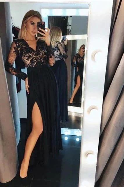 Black Floral Lace Long Sleeves Evening Maxi Dress - Image 2