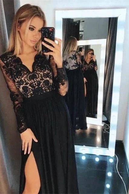 Black Floral Lace Long Sleeves Evening Maxi Dress - Image 3