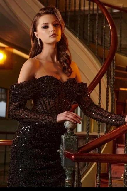 Black Front Split Strapless Unique Prom Dresses with Beadings - Image 2