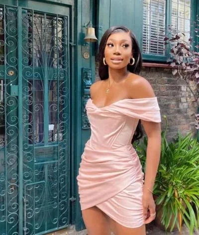 Black Girl Light Pink Homecoming Dress Off Shoulder Bodycon Dresses Y1748 - Image 2