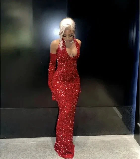 Black Girl Sexy Halter Sequin Red Prom Dress Long Mermaid Evening Dress Y7822 - Image 3