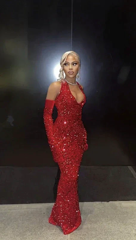 Black Girl Sexy Halter Sequin Red Prom Dress Long Mermaid Evening Dress Y7822 - Image 5