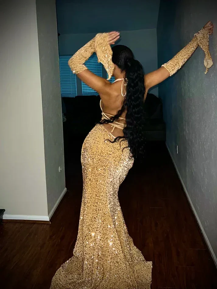 Black Girl Sexy Halter Sequin Red Prom Dress Long Mermaid Evening Dress Y7822 - Image 9