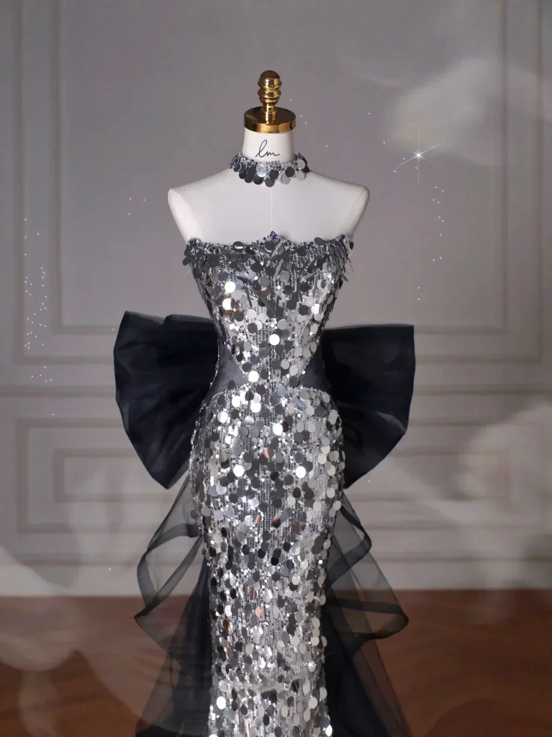 Black Glitter Sequins Tulle Mermaid Prom Dress Strapless Evening Dress With Bow Y8615 - Image 2