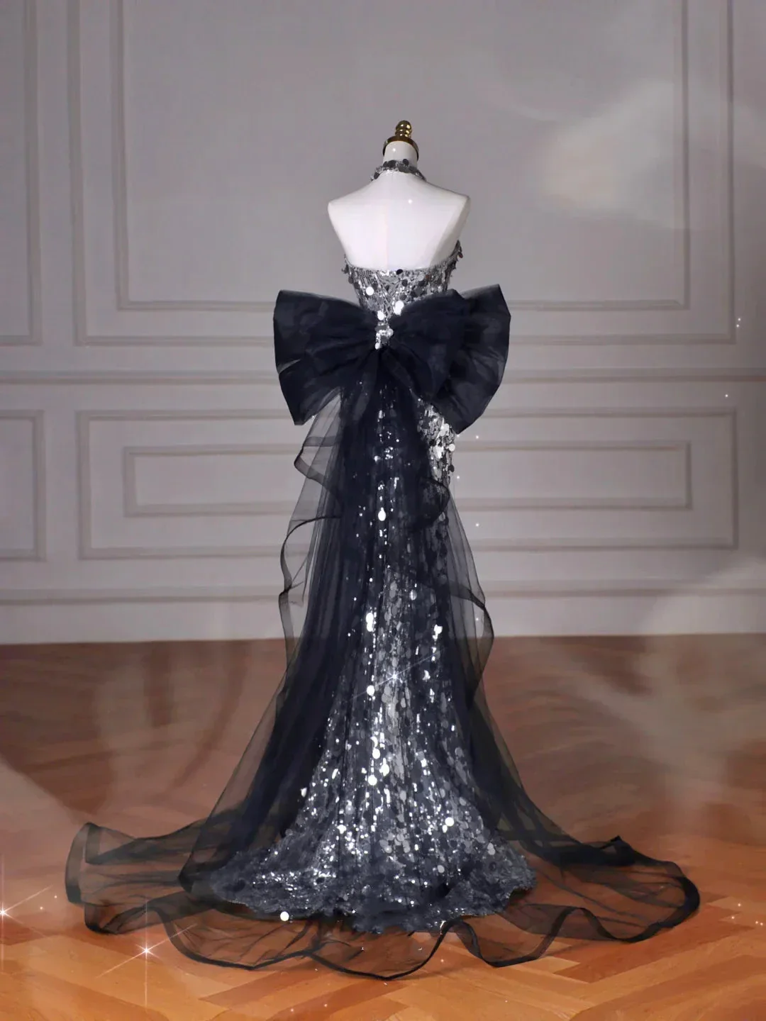 Black Glitter Sequins Tulle Mermaid Prom Dress Strapless Evening Dress With Bow Y8615 - Image 3