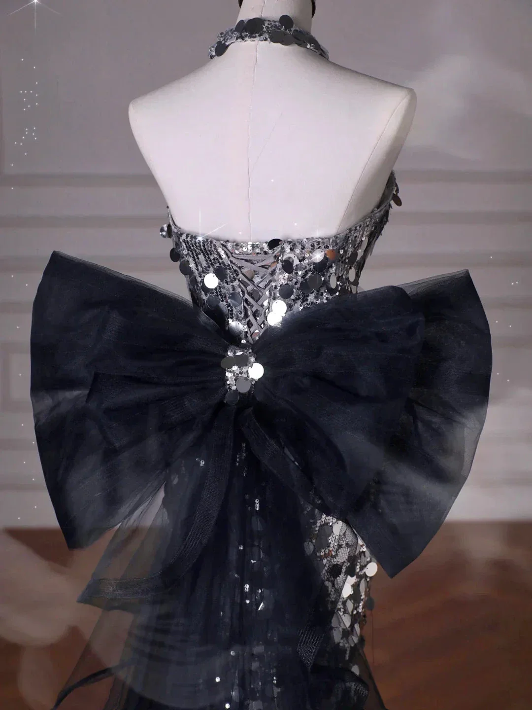 Black Glitter Sequins Tulle Mermaid Prom Dress Strapless Evening Dress With Bow Y8615 - Image 4