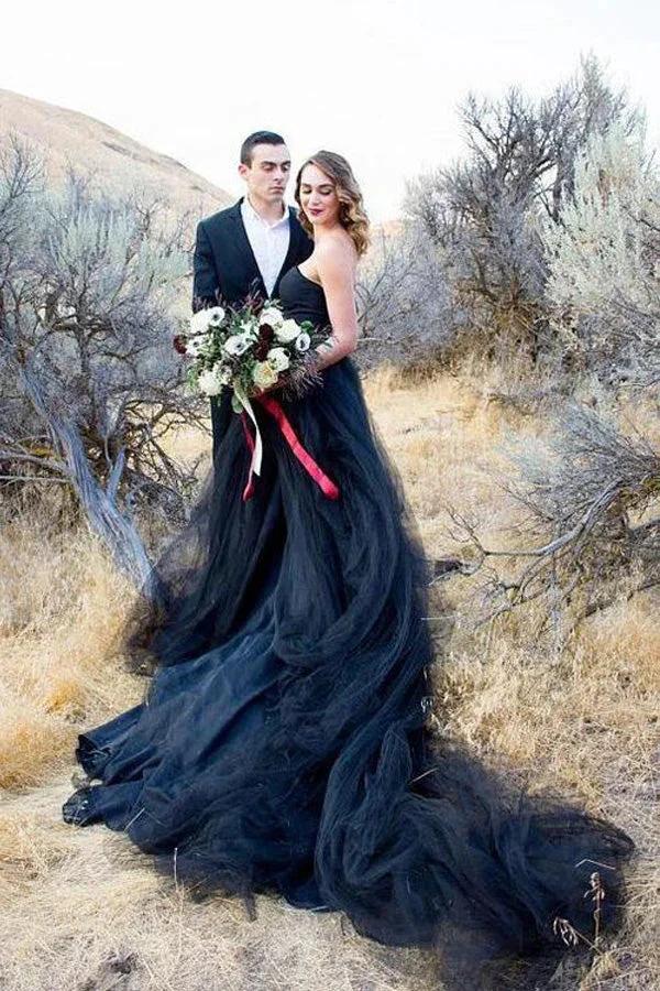 Black Gothic Wedding Dresses A-Line Sleeveless With Train WD704 - Image 3