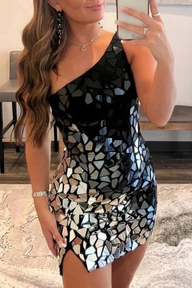 Black Gradient Cut Glass Mirror One-Shoulder Short Dress - Image 2