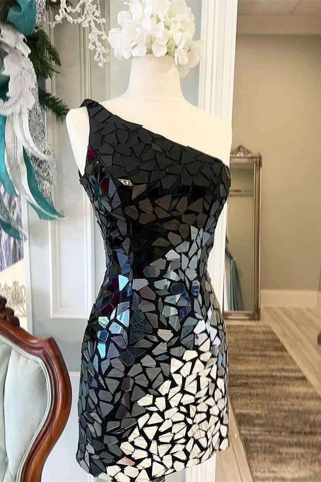Black Gradient Cut Glass Mirror One-Shoulder Short Dress - Image 5