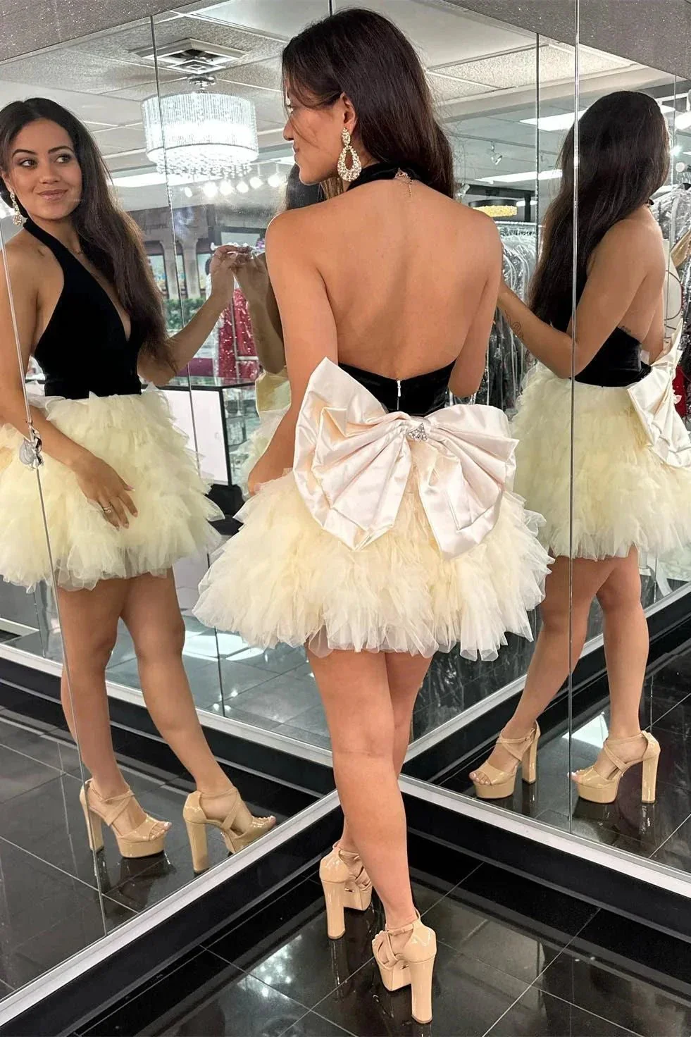 Black Halter Bow Back Ruffle Tiered Short Cocktail Dress - Image 2
