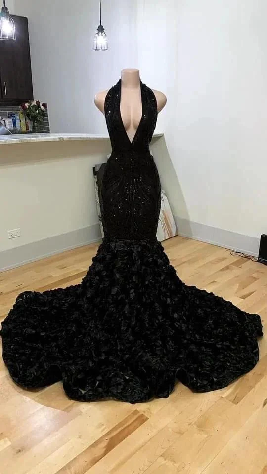 Black Halter Neck Mermaid Evening Dress With 3D Flower Sexy Formal Gown Y982 - Image 2