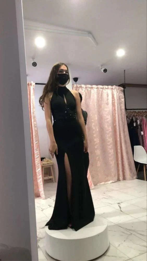 Black Halter Neckline Long Prom Dress Elegant Evening Dress Side Split Y416 - Image 2