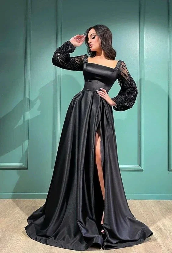 Black High Split Satin Evening Dress Square Collar Puff Long Sleeves Y7093 - Image 2