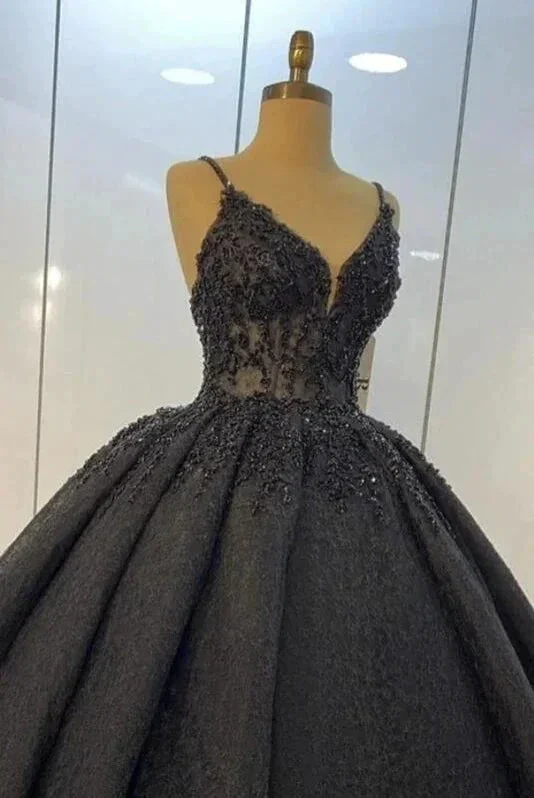 Black lace ball gown dresses for wedding , spaghetti straps prom dress S22981 - Image 2