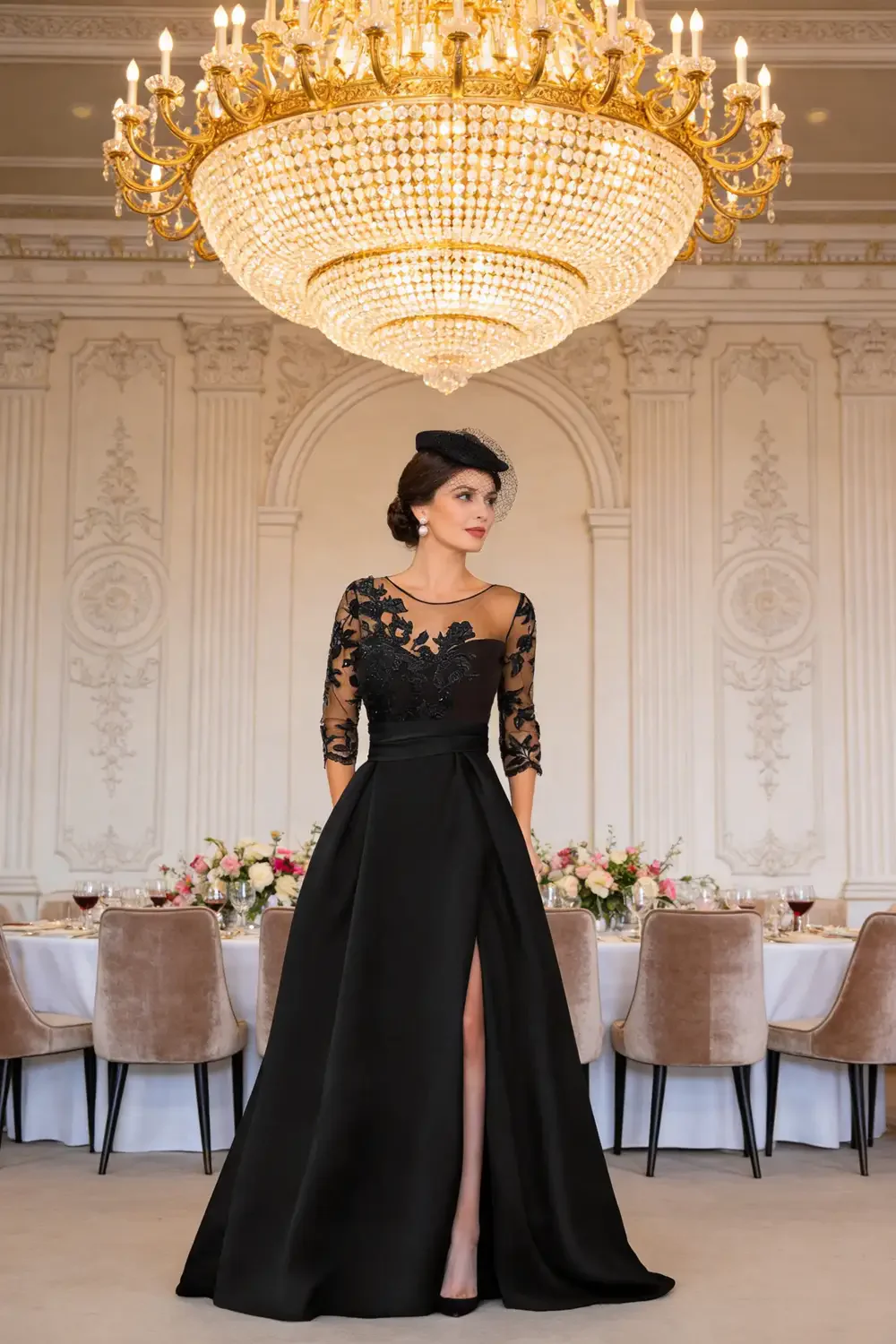 Black Lace Illusion Neck Satin Gown With High Slit For Mother Of The Bride - Image 3