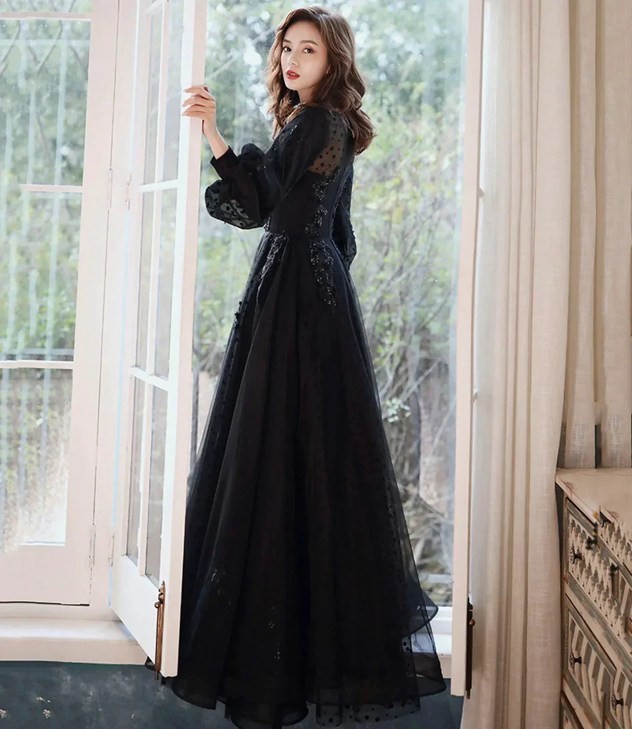 Black lace long prom dress A line evening gown Y1294 - Image 2