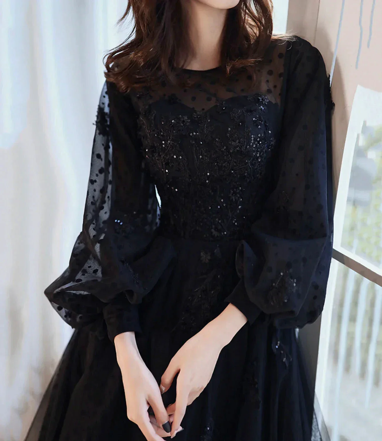 Black lace long prom dress A line evening gown Y1294 - Image 3