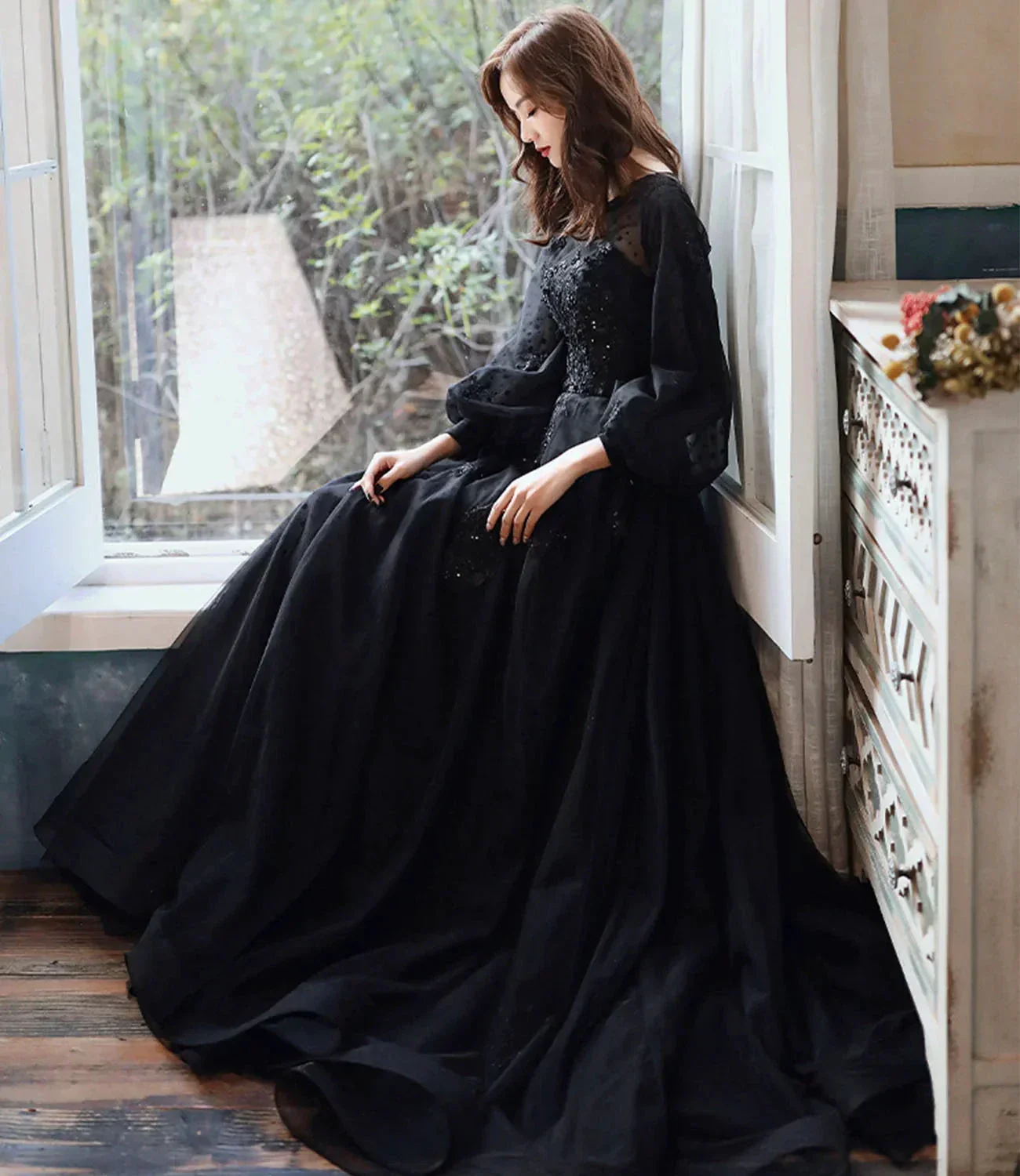 Black lace long prom dress A line evening gown Y1294 - Image 4