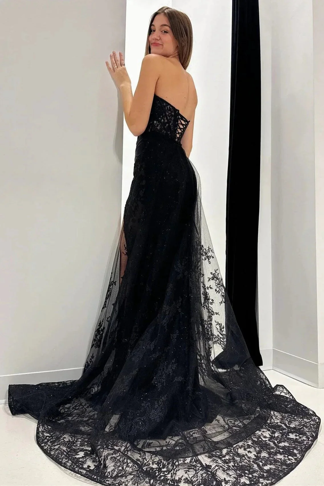 Giuliana | Black Lace Strapless Long Formal Dress with Attached Train - Image 4