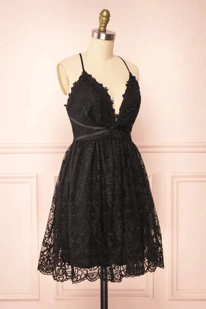 Black Lace Straps A-line Short Party Dress Lace Homecoming Dresses PD466 - Image 2