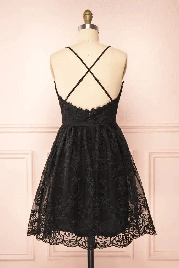 Black Lace Straps A-line Short Party Dress Lace Homecoming Dresses PD466 - Image 3