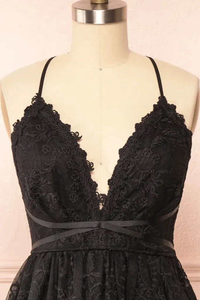 Black Lace Straps A-line Short Party Dress Lace Homecoming Dresses PD466 - Image 4