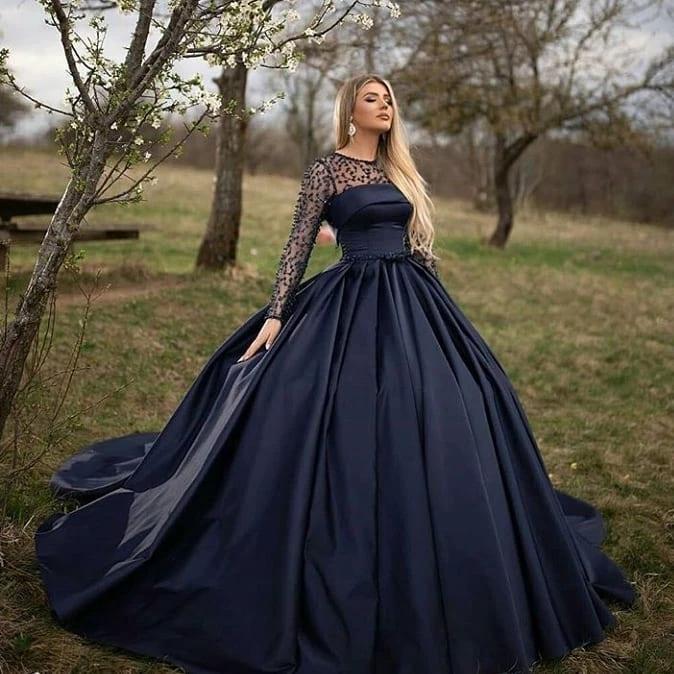 Black Long A-line Bateau Satin Prom Dress with Sleeves - Image 2