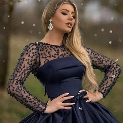 Black Long A-line Bateau Satin Prom Dress with Sleeves - Image 3