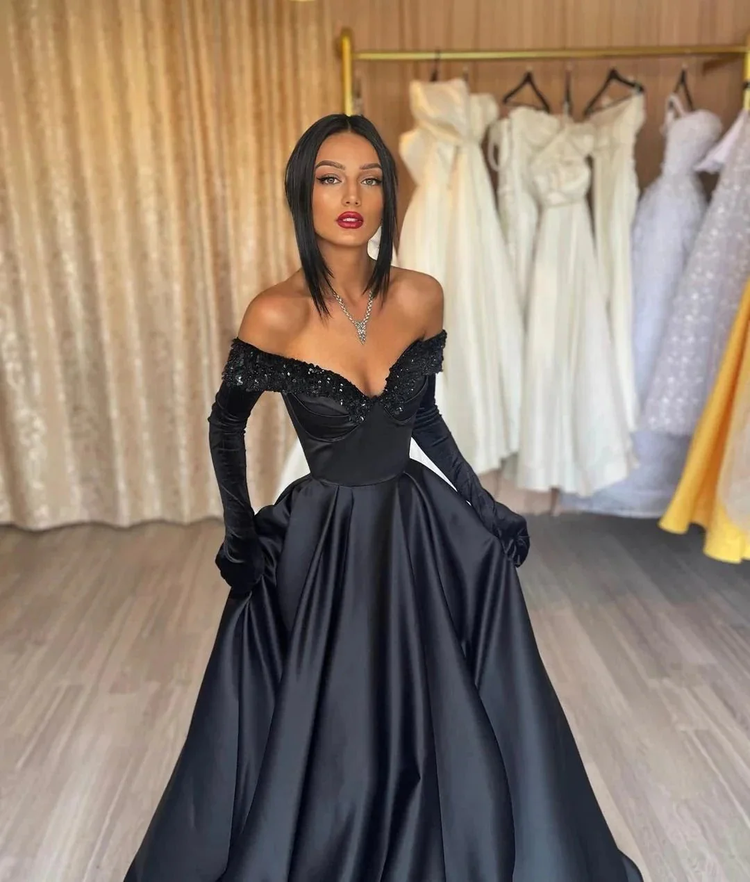 Black Long A Line Off the Shoulder Satin Prom Dress with Gloves - Image 2
