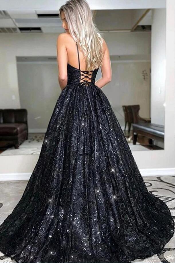 Black Long A-line Sweetheart Open Back Glitter Prom Dress - Image 2