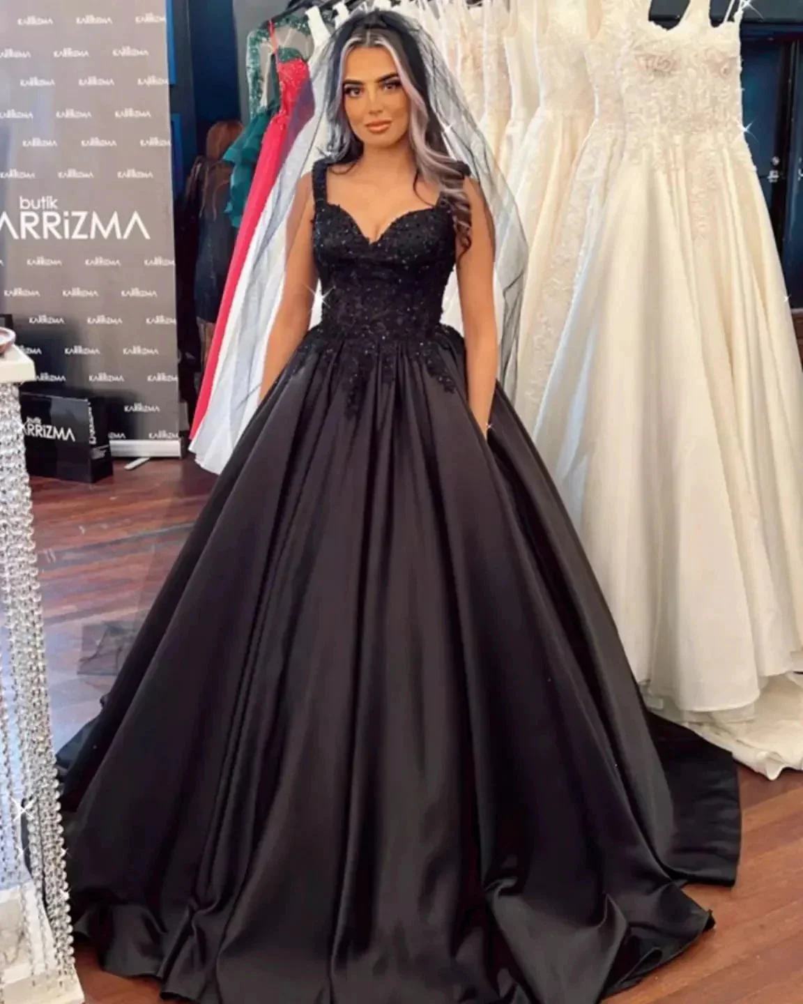 Black Long Ball Gown Sweetheart Satin Ruffles Wedding Dress - Image 2
