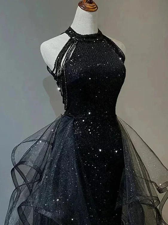 Black Long Mermaid Halter Sequined Tulle Formal Prom Dresses - Image 2