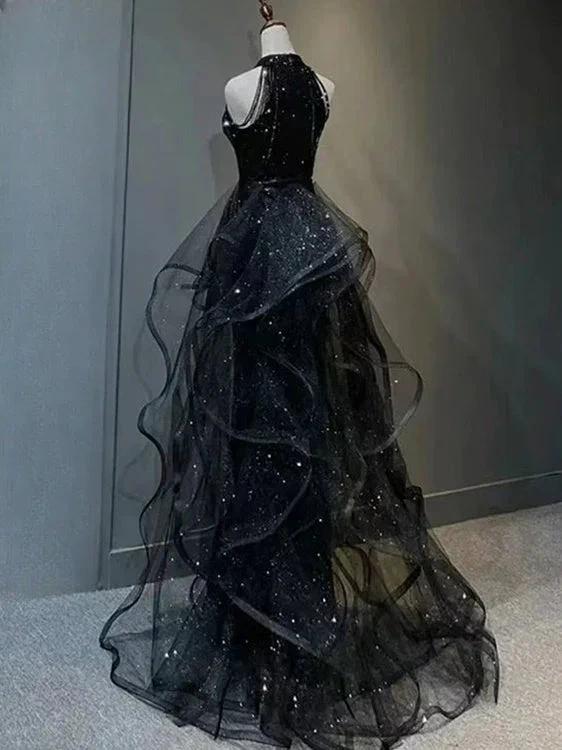 Black Long Mermaid Halter Sequined Tulle Formal Prom Dresses - Image 3