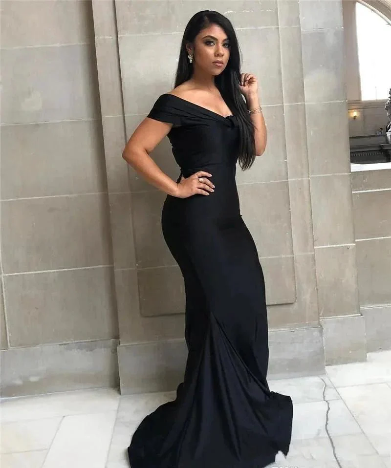 Black Long Mermaid Off-the-shoulder Backless Prom Dress - Image 4