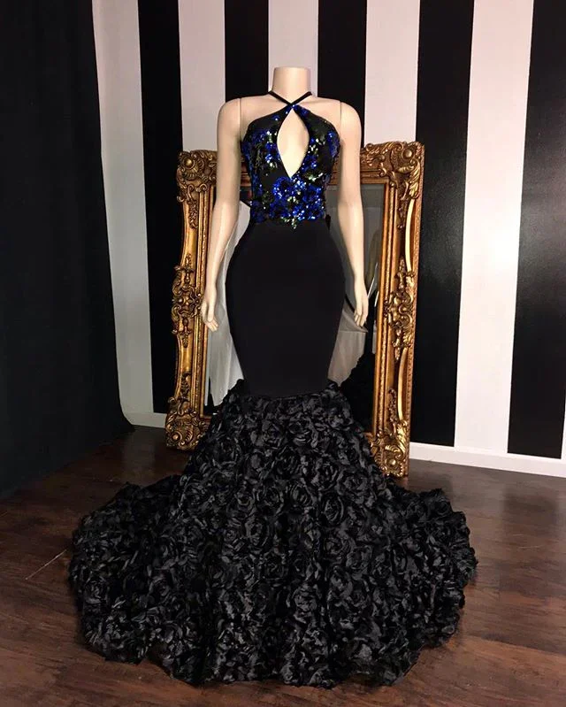 Black Long Mermaid Prom Dresses Elegant Halter Sequins Evening Gowns - Image 2