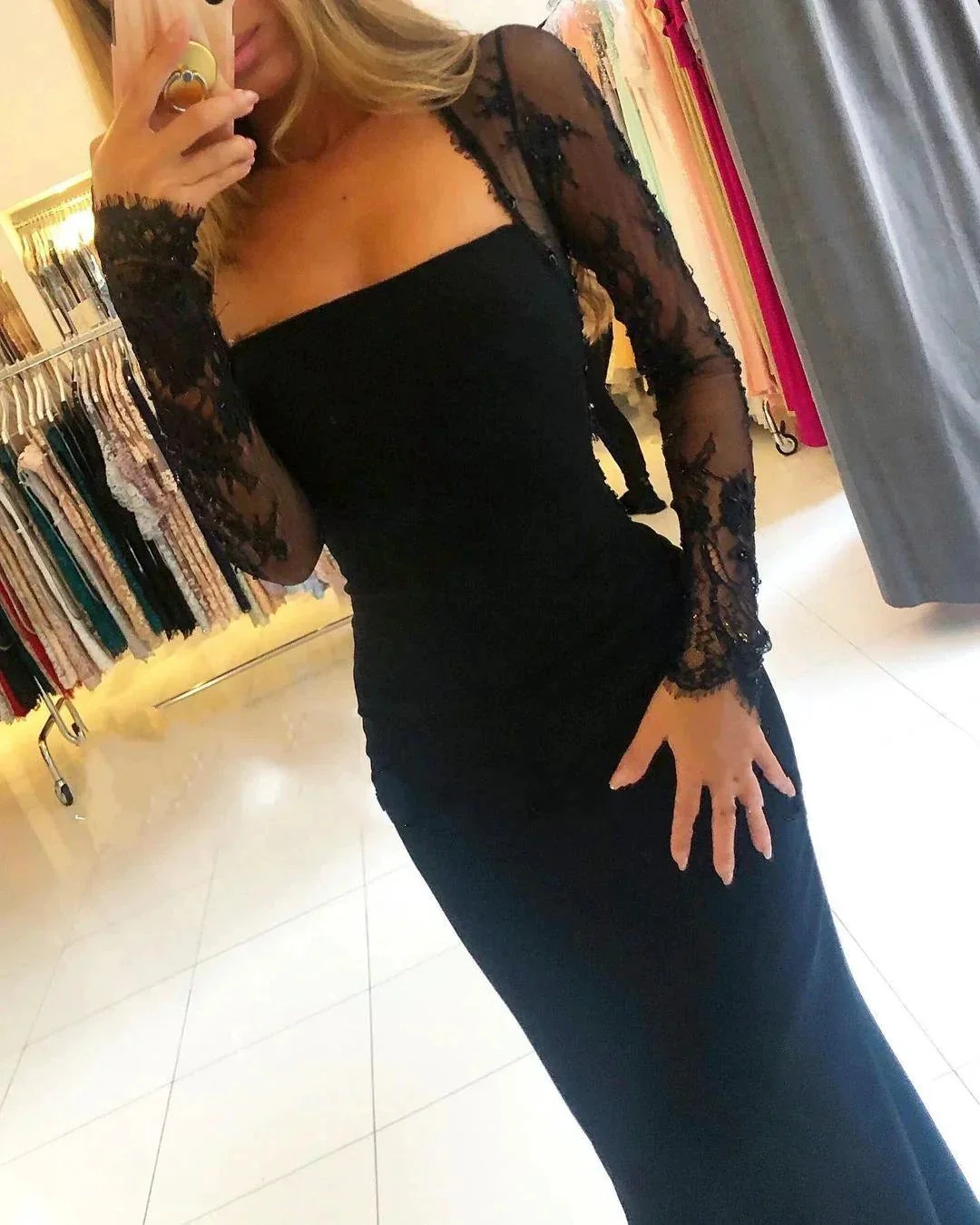 Black Long Mermaid Square Neckline Backless Prom Dress with Sleeves - Image 2