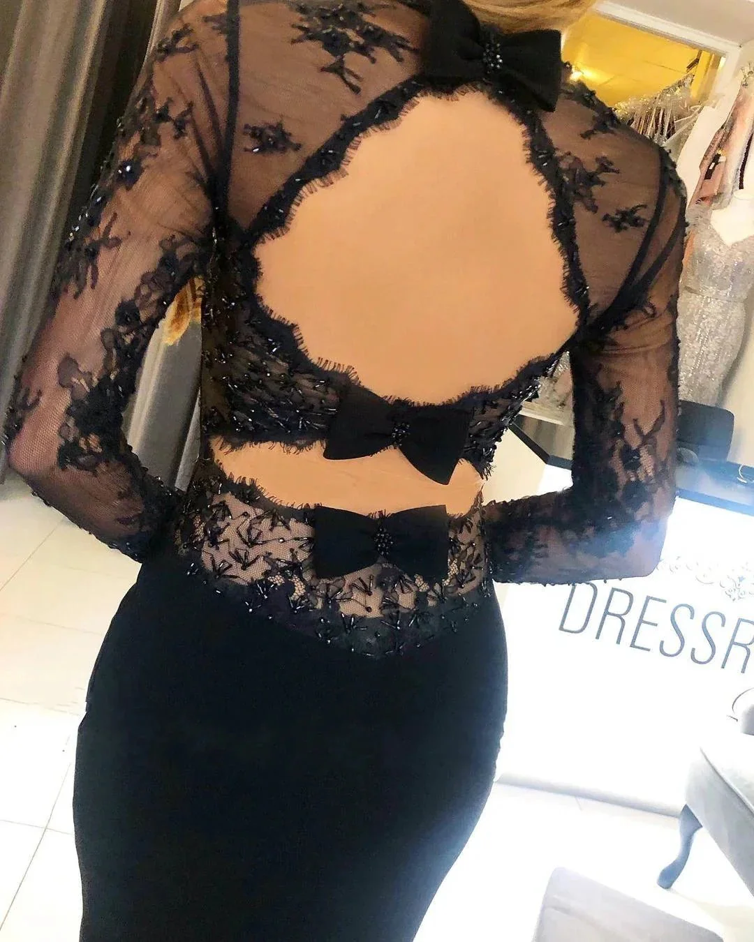 Black Long Mermaid Square Neckline Backless Prom Dress with Sleeves - Image 4