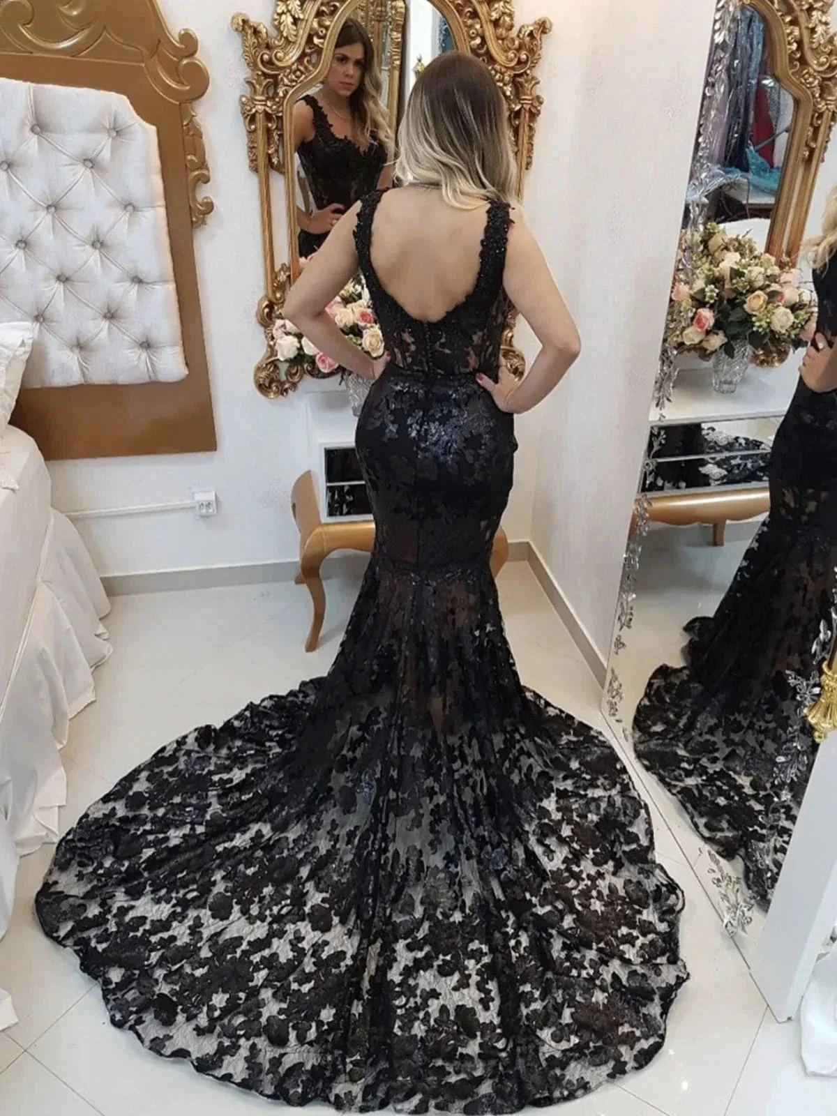 Black Long Mermaid Sweetheart Lace Formal Evening Prom Dresses - Image 2