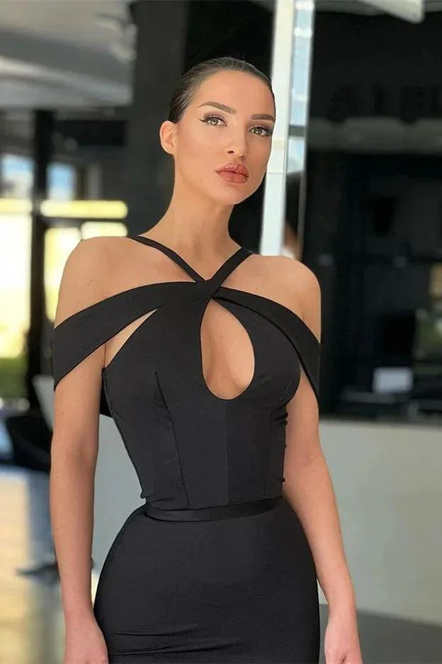 Black Long Off The Shoulder Halter Mermaid Prom Dresses - Image 3