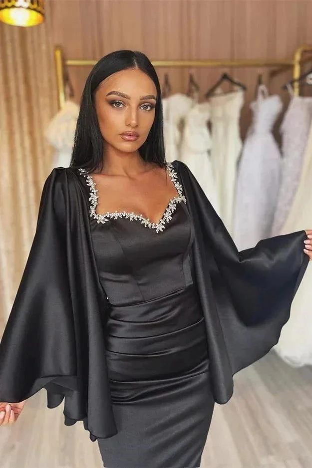Black Long Off the Shoulder Mermaid Satin Prom Dress with Sleeves - Image 2