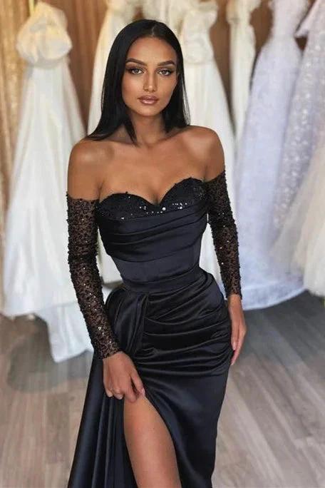 Black Long Off the Shoulder Sweetheart Satin Front Slit Prom Dress with Sleeves - Image 2