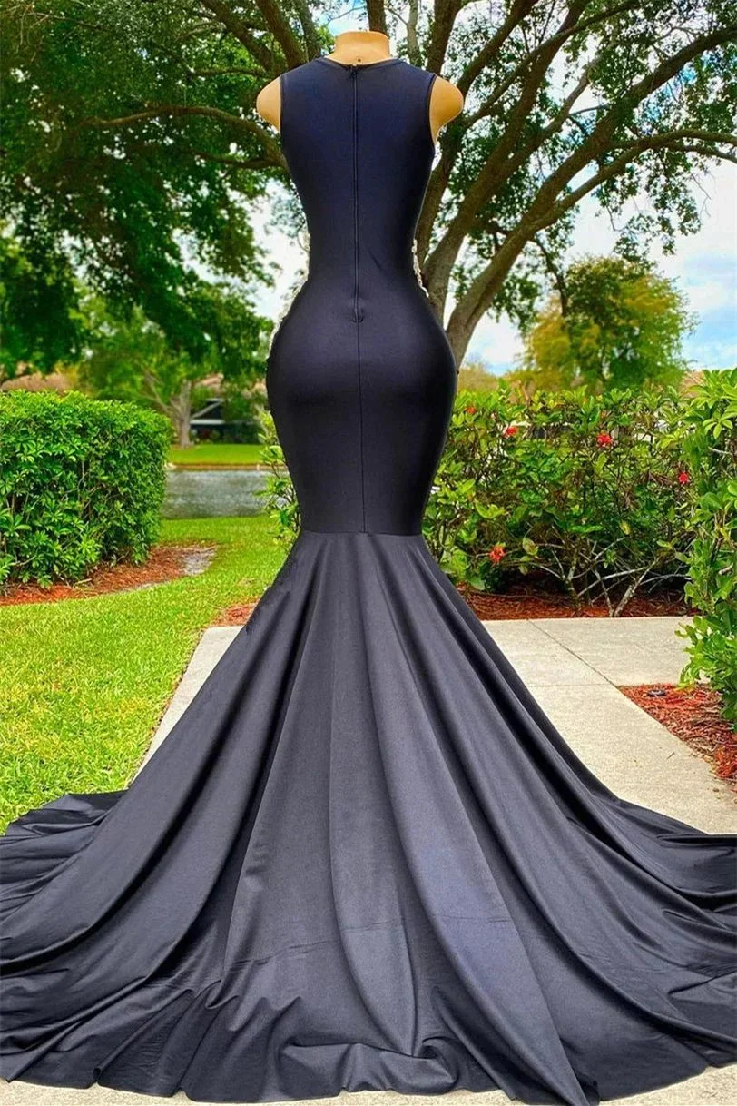 Black Long Sleeveless Strapless Satin Lace Appliques Mermaid Prom Dress - Image 2