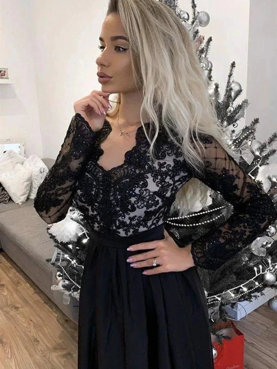 Black Long Sleeves A-line V Neck Satin Lace Formal Prom Dresses with High Slit - Image 4