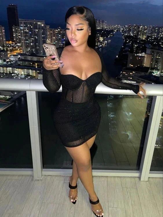 Black Long Sleeves Bodycon Dress Sexy Cocktail Dress Mini Homecoming Dress Y837 - Image 2