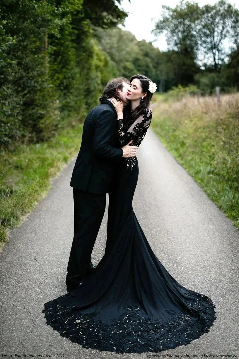 Black Long Sleeves Mermaid Wedding Dress with Sweep Train - Image 3